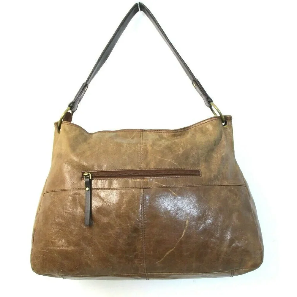ROOMY Nino Bossi TAN BROWN GENUINE LEATHER ZIP TOP SHOULDER BAG HANDBAG PURSE
